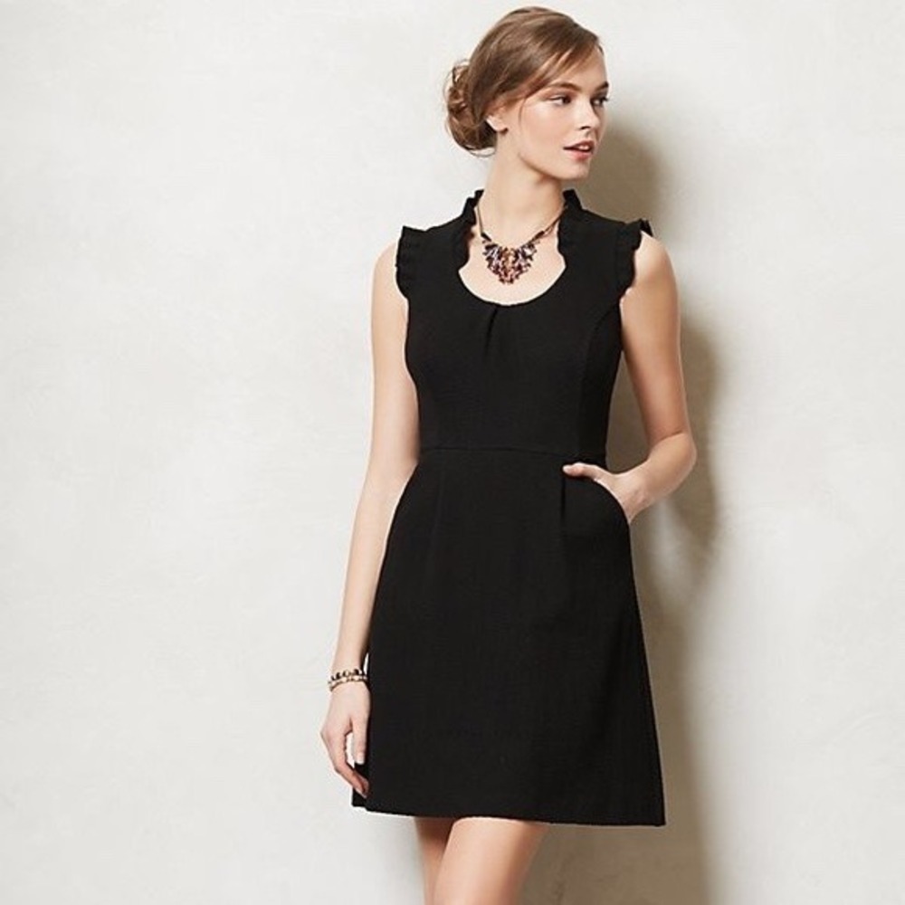 Tabitha Anthropologie Black Ruffle Collar Textured Fit Flare Dress Pockets 8